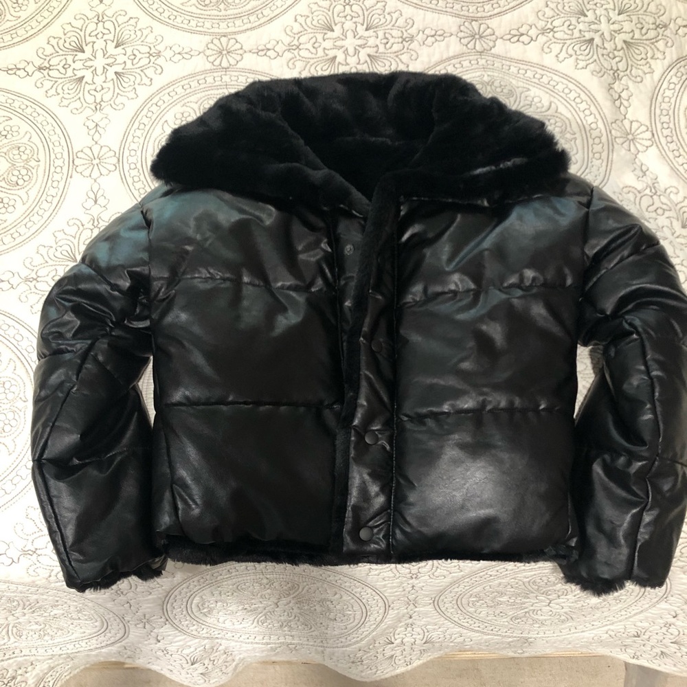 Faux fur/faux leather reversible puffer jacket